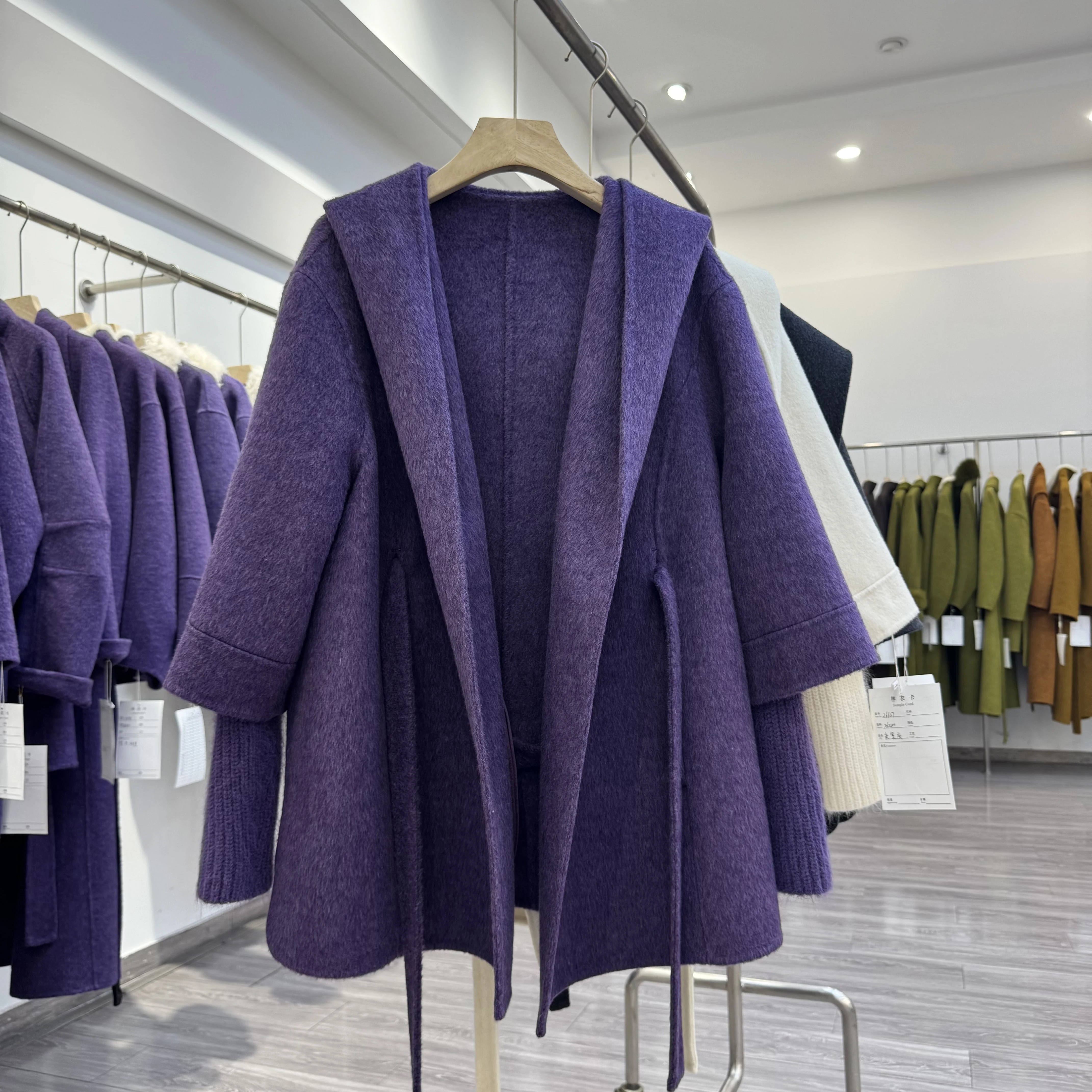 2026 Winter Purple Medium-Length High-Design Hooded Tie Double-Faced Wool Coat for Women Fancy Wool Overcoat cape style overcoat