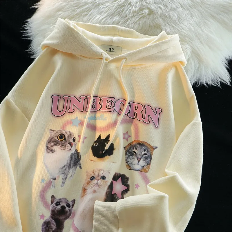 American Funny Stars Cat Graphic Hoodies Men Women Aesthetic Cartoon Sweatshirt Loose Oversized Teenage Students Kawaii Clothes