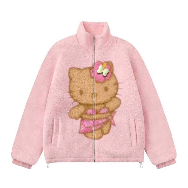 Sanrio Hello Kitty Trendy Dopamine Cotton Coat Women's Autumn Winter Fleece Couple Cotton Jacket Simple Loose Casual Zipper Coat