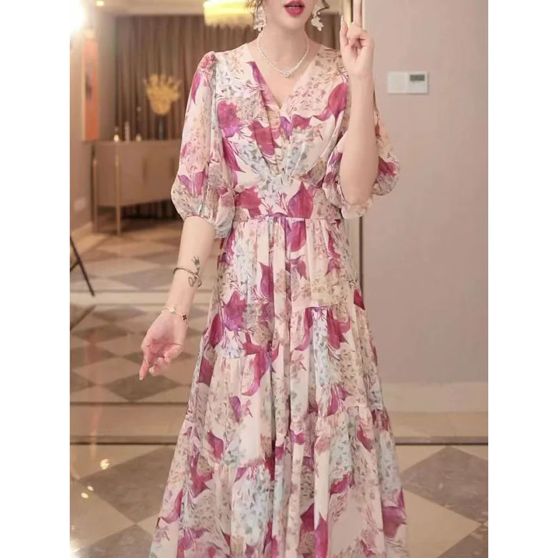 

Minimalist Commuter A-Line 2024 Summer New Women's V-Neck Printed Spliced Fashion Elegant Slim Half Sleeve Luxury Midi Dress