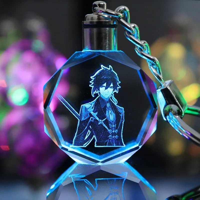 Genshin Impact Anime Figure Game Character Venti Eula Zhongli Colorful Luminous Crystal Keychain Children\'s Toy Birthday Gifts