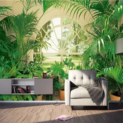 Papel tapiz 3D personalizado de cualquier tamaño para sala de estar, superficie de pared de sofá, planta verde nórdica moderna, ventana, fondo Pastoral, Mural, Tapety