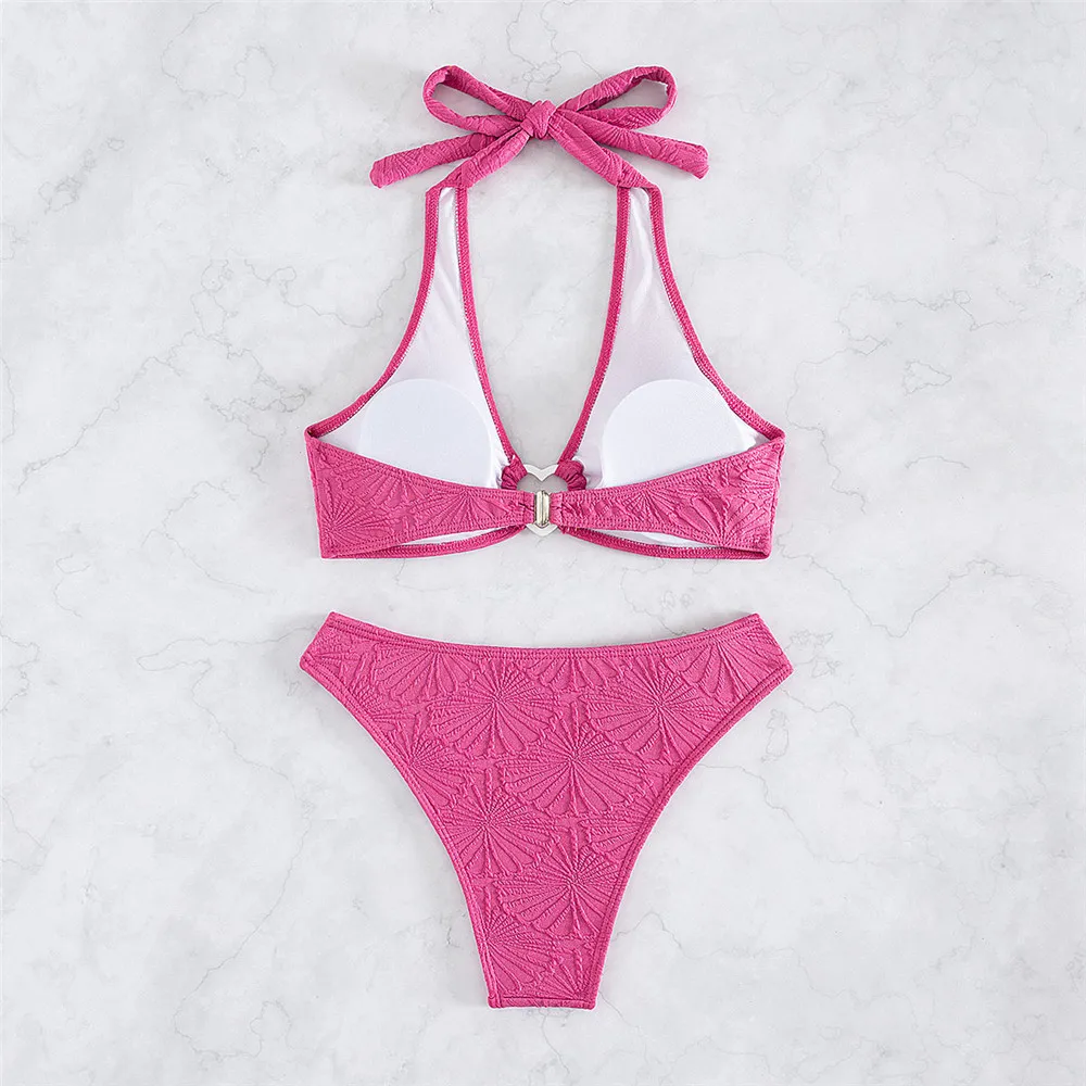 Conjunto de Bikini anudado con cuello Halter para Mujer, traje de baño Sexy con anillo de corazón, traje de baño de corte alto, Bikini Push Up para Mujer 2024