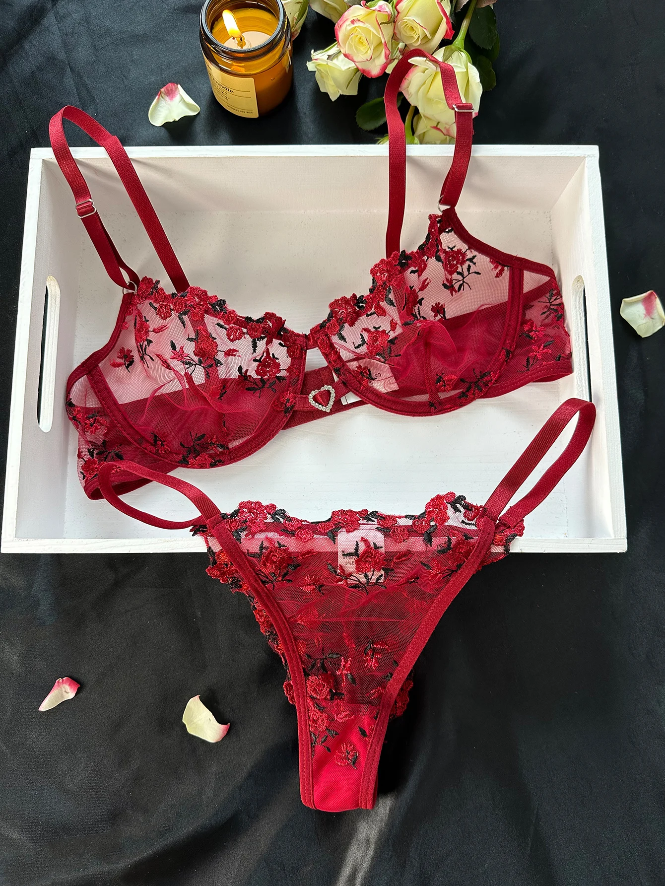 Women Floral Sexy Underwear Night Club Wear Heart Rhinestone Ultra Thin Lingerie UnderwearSet