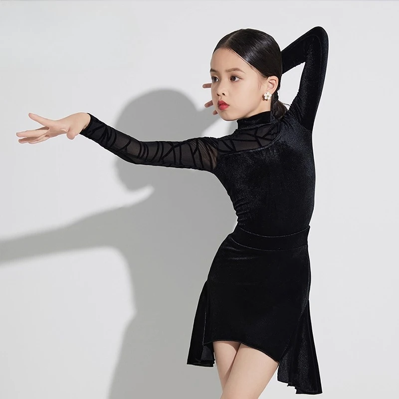 customized children girls Latin ballroom dance costume performance high-end black jumpsuit ballroom dress standard fringe skirt