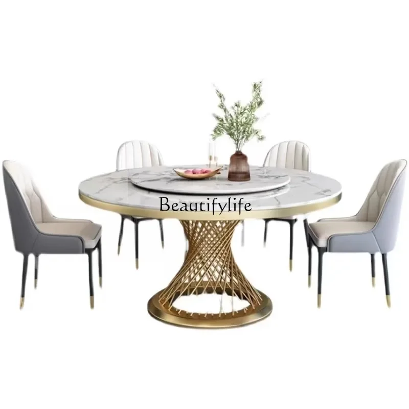

LD33Light luxury marble dining table Modern simple rock slab household small apartment round with turntable dining table