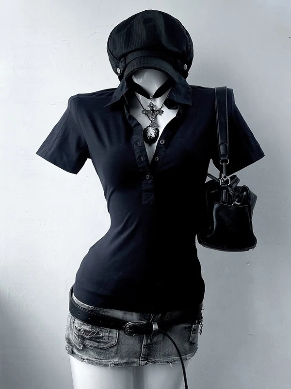 

Original Faionable Bla irt ort Sve Slim Fit T-irt Korean Sle Commute Wind Retro Design Cotton Blend Moist...