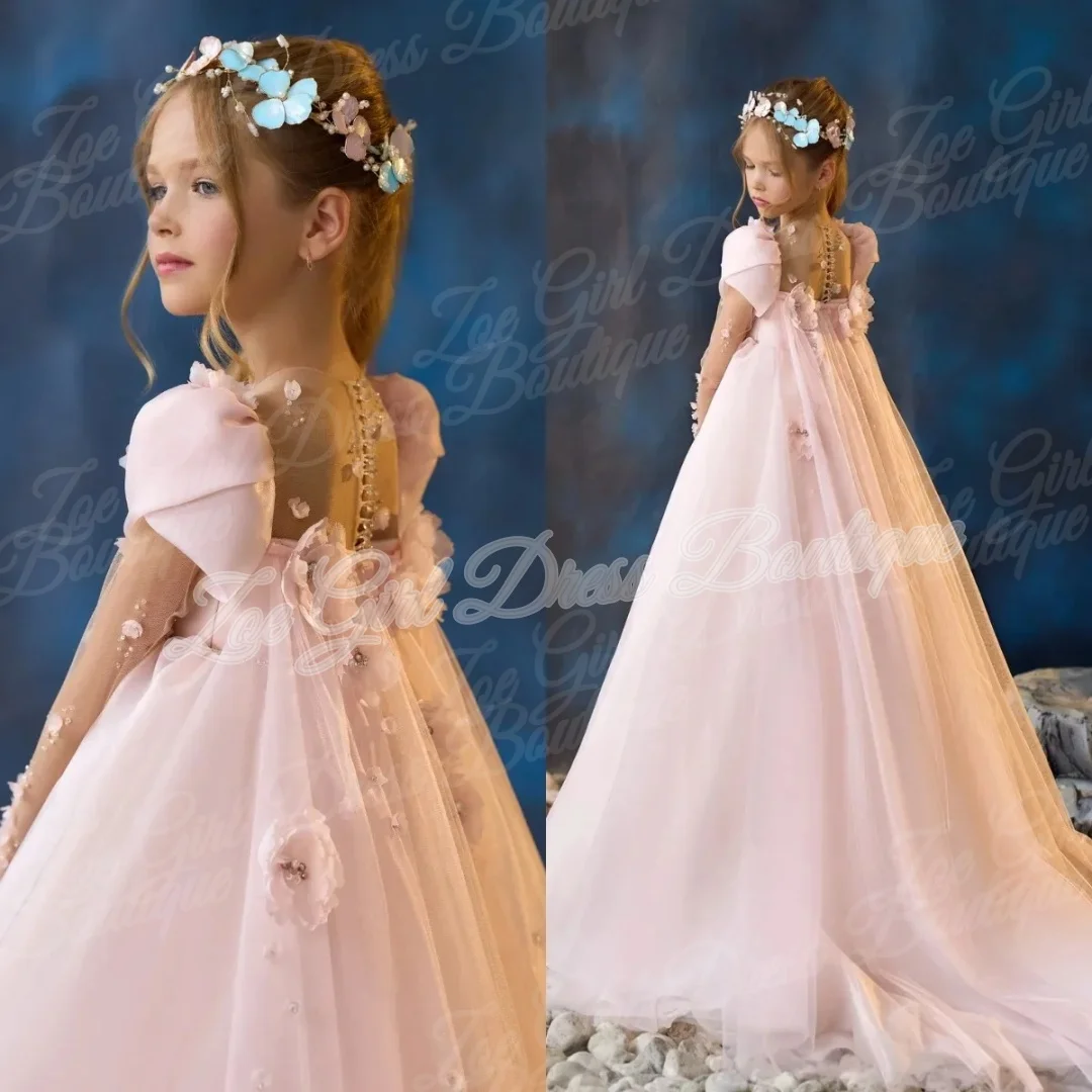 Blush Pink Tulle Illusion Long Sleeve Pearls Floral Appliques Girl Dress Wedding First Communion Birthday Party Gowns Customized