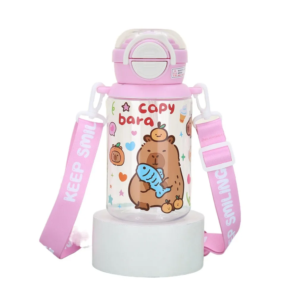 

500ml Capybara Water Bottles Cartoon Large Capacity Transparent Plastic Cup with Shoulder Strap Milk Cup