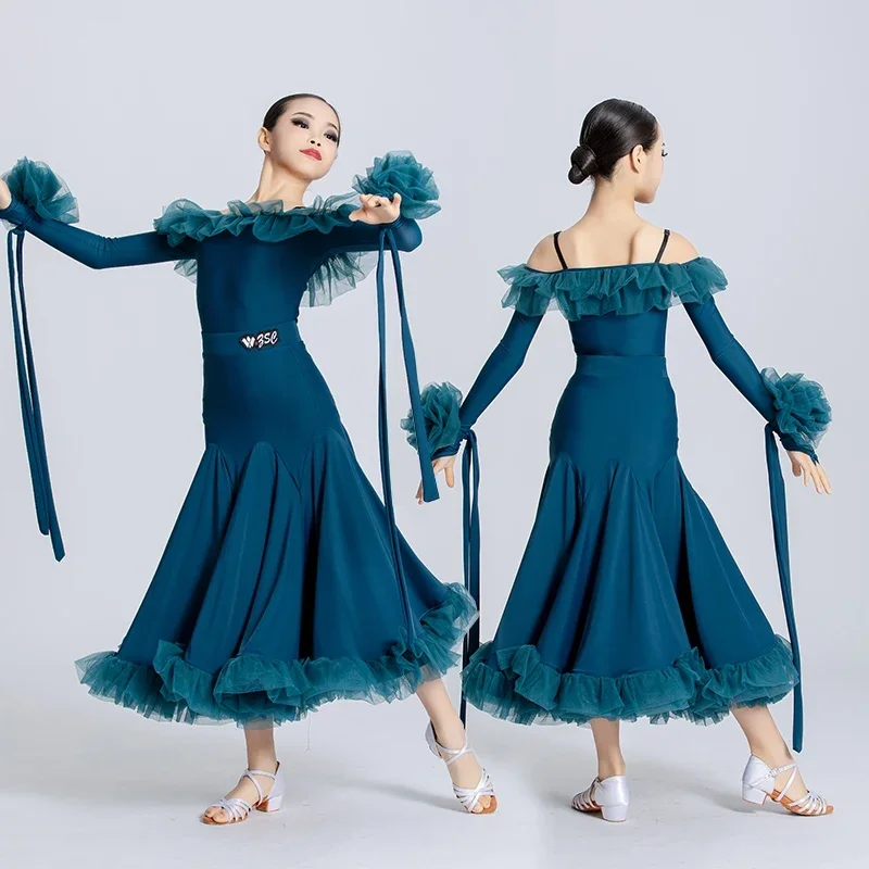 Off-spalla Standard Dancing Performance Costume body gonna ragazze Peacock Blue Tango Ballroom Competition Dress