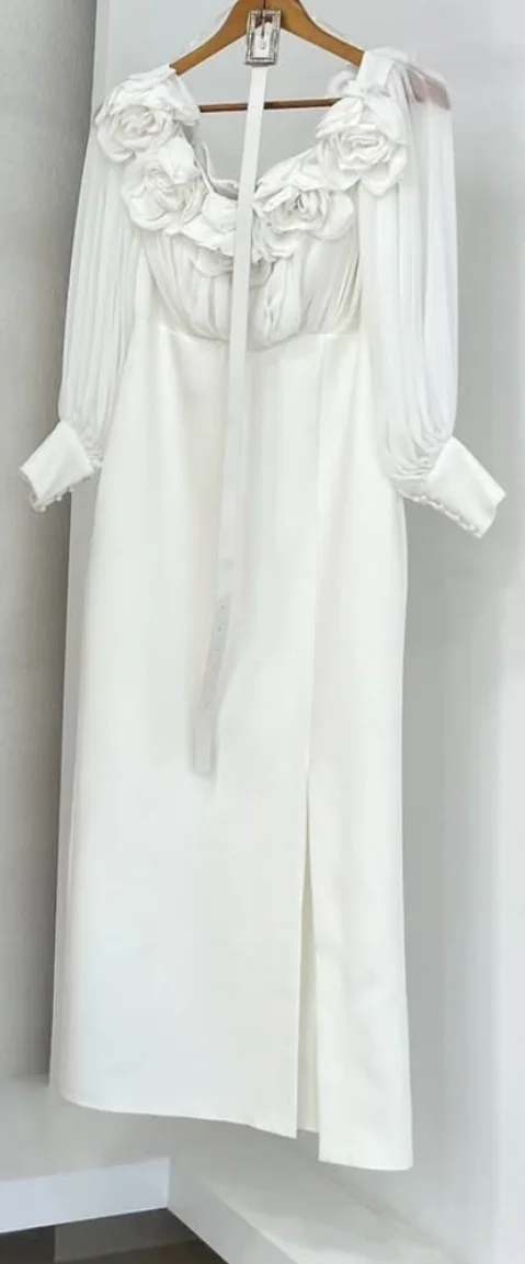 Off-Shoulder Robe De Soirée Short Mermaid Evening Gown Customized Silt Formal Party Dress Flowers Puff Sleeves  Prom Dresses