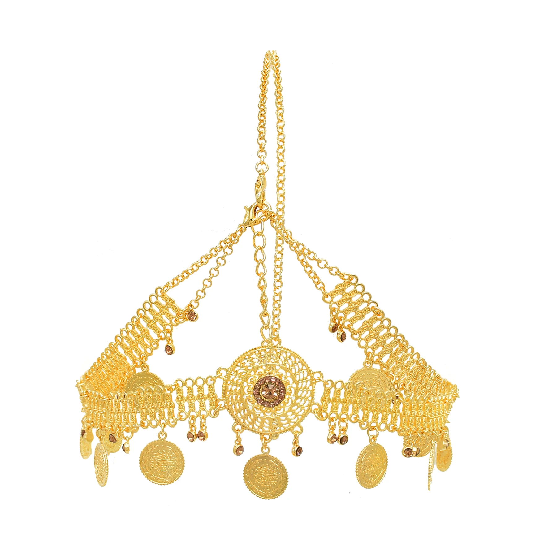 Cadena para la cabeza de la frente de monedas doradas de moda, accesorios de boda de novia étnicos bohemios indios, tocado de flores de cristal, joyería para el cabello