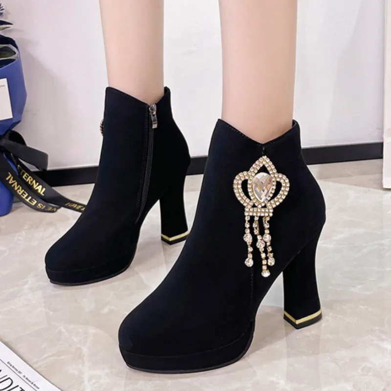 Winter New Thick Heel Cotton Boots Women's Fashion Round Head Suede Side Zipper Rhindiamonds High Heel Short Boots