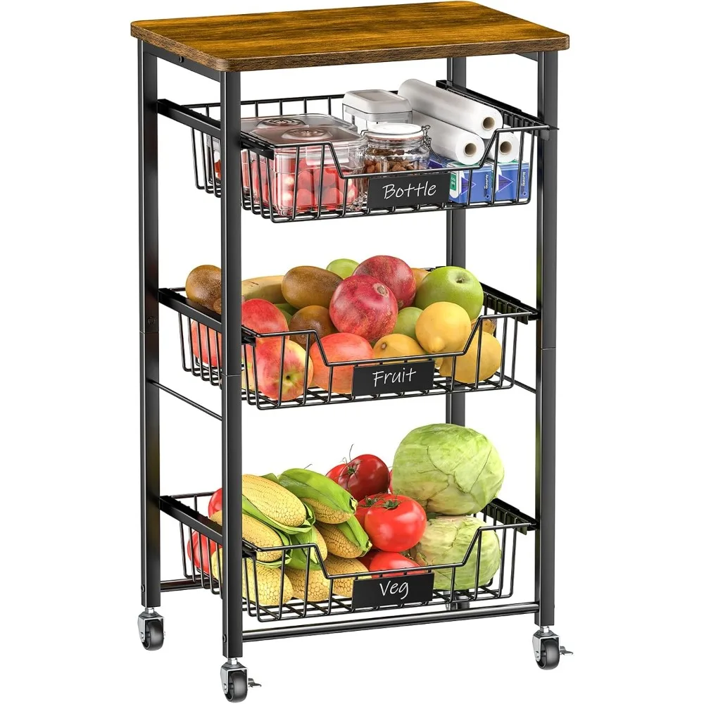 

Kitchen Storage Cart with Wheels, 4-Tier Metal Utility Rolling Cart Fruit Vegetable Storage Basket Pantry Rack with Wood Top