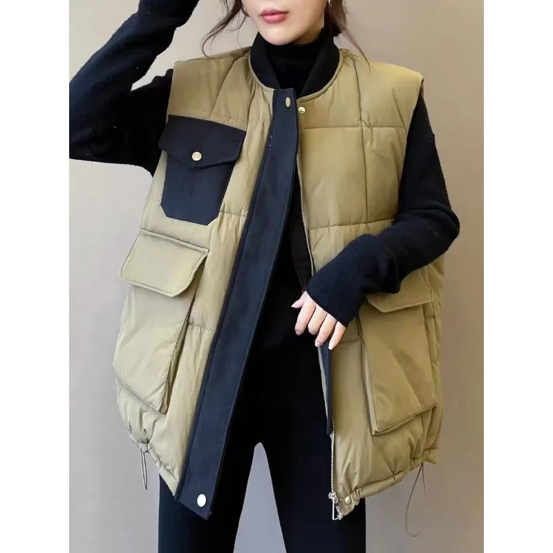 2024 Autumn and Winter New Loose Large Pocket Cotton Vest Women's Casual Thick Vest Jacket Vest