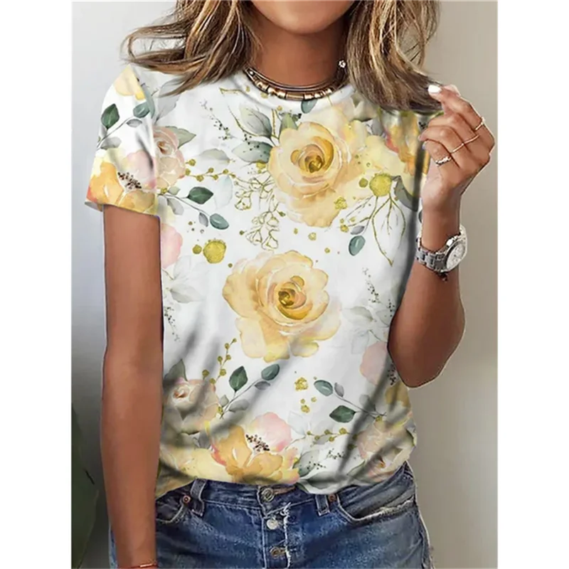 Fashion 3D Women\'s Flower T-shirt Fun Flower Pattern Short sleeved Girl T-shirt Summer Leisure O-neck T-shirt Women\'s Clothing