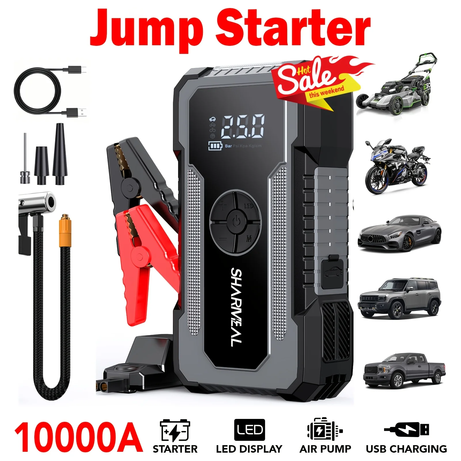 

SHARMEAL 8000/10000A 12-IN-1 Jump Starter with Air Compressor, Portable Car Battery Booster(8.0 Gas/2.38gal Diesel) with 150