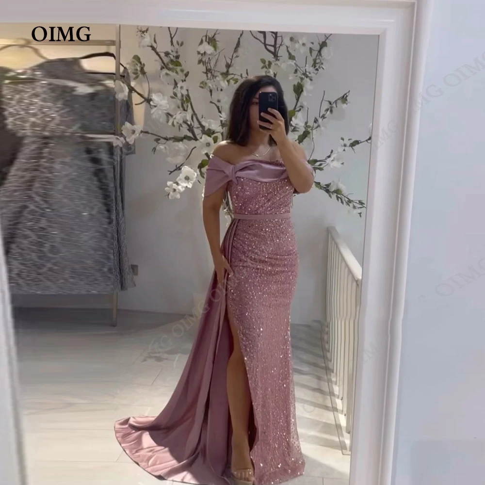 

OIMG Dusty Pink Evening Dress Vestidos Beaded Shiny Sequin Mermaid Prom Gowns Floor Length Prom Dresses 2023 Saudi Arabric Women