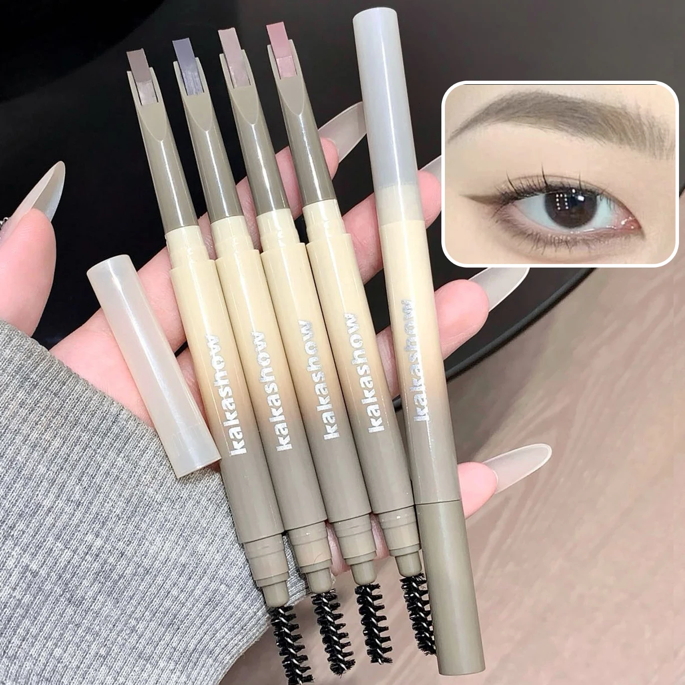 قلم حواجب 2 في 1 مزدوج الرأس مع فرشاة، مقاوم للماء، يدوم طويلاً، دقيق، مقاوم للتلطخ، مكياج حواجب طبيعي