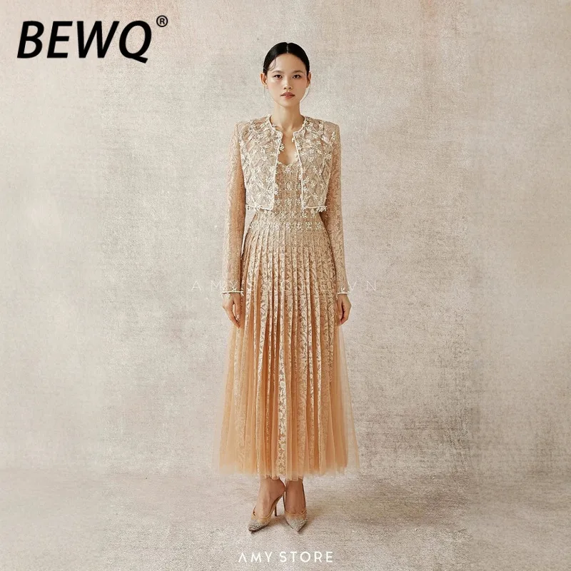 

BEWQ Fashion Women's 2 Pcs Set Long Sleeve Embroidery Short Tops Slip Pleated Lining Dresses Suit Evening Party 2025 Autumn New