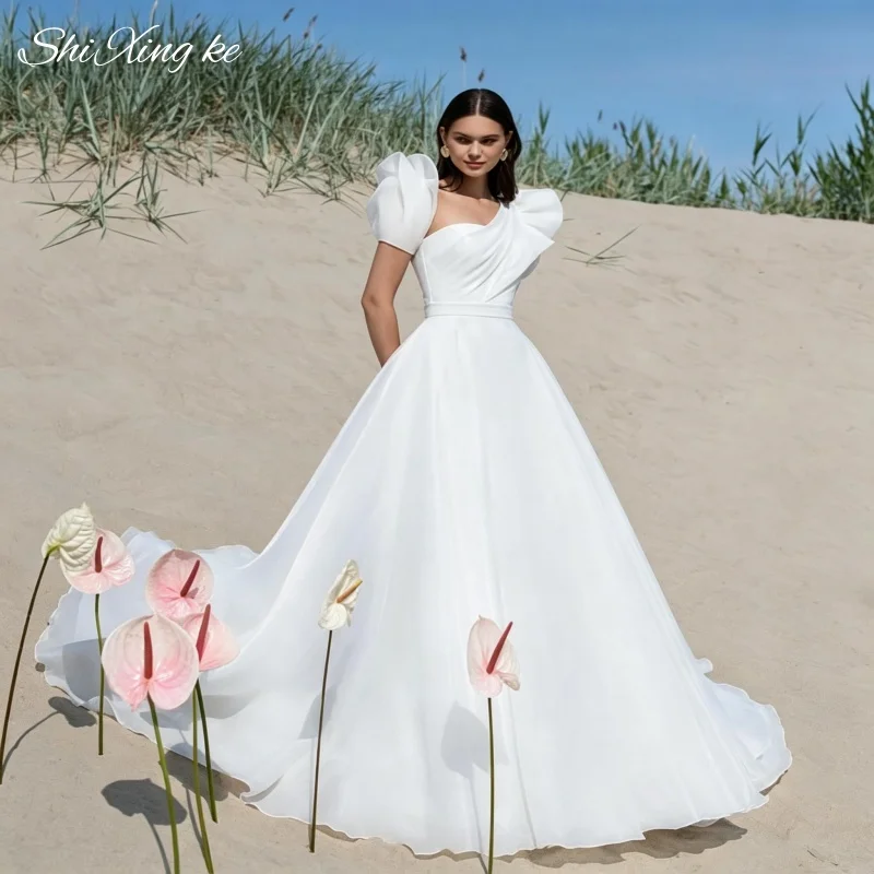 Beach A Line Bridal Gown 2026 Organza Puff Sleeve Court Train Sashes Vestidos De Novia Customized