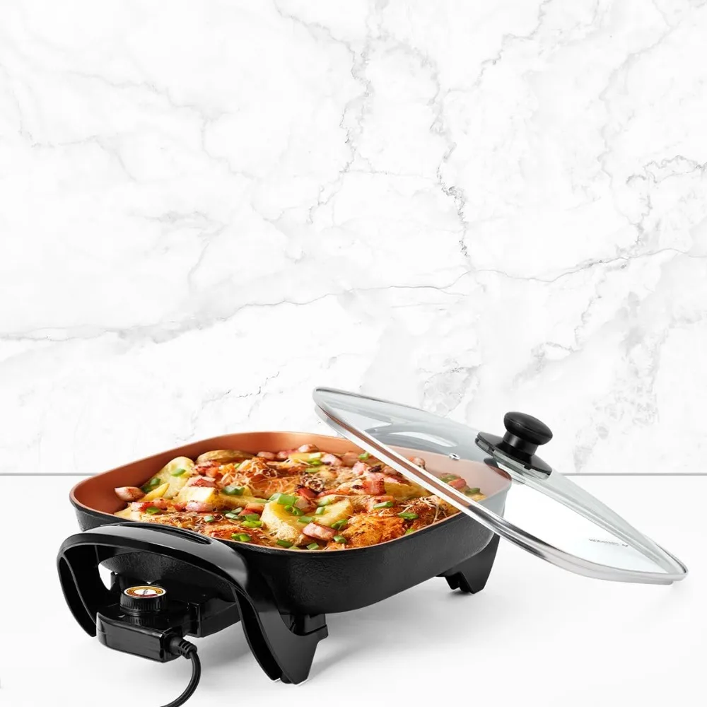 12-Inch Electric Skillet and Frying Pan with Glass Lid,Non-Stick Coating,Temperature Control with Removable Heating Probe