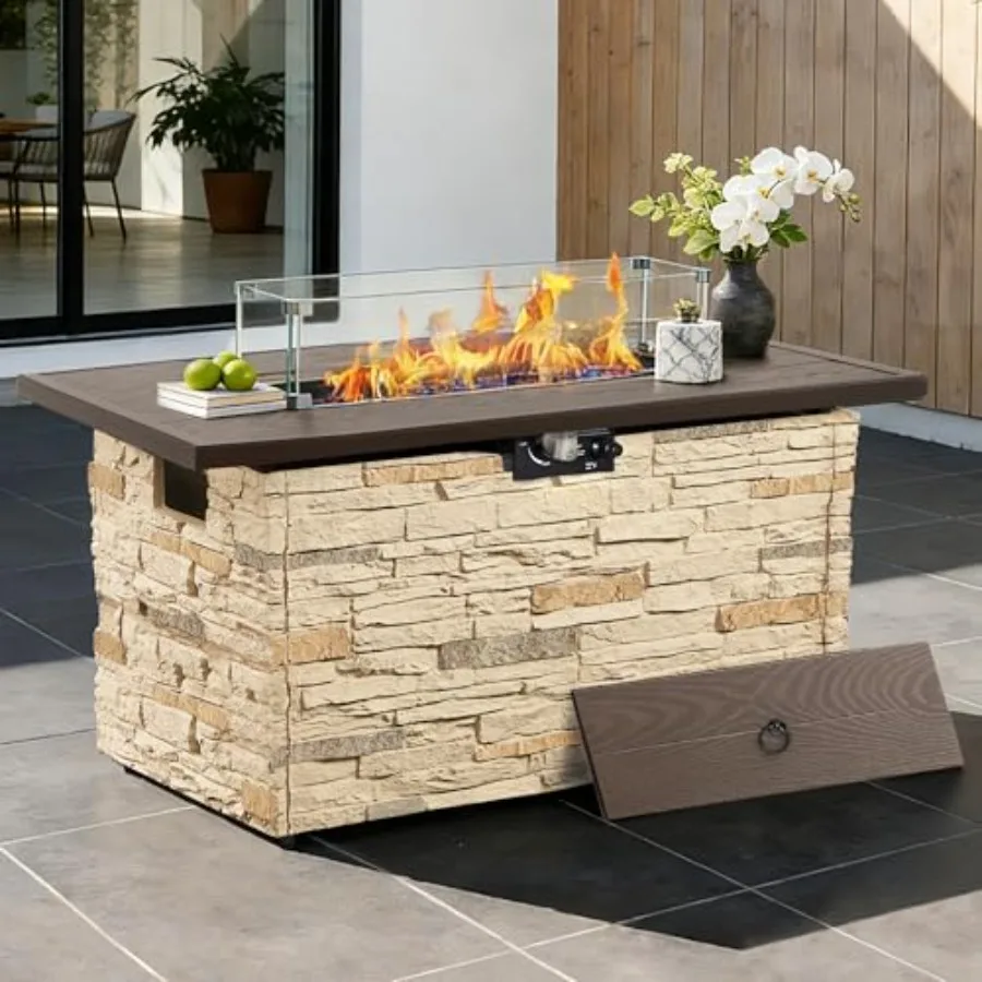 Outdoor firepit table for patio use, stainless steel, black, 50, 000 BTU propane gas heating with weather-resistant constructio
