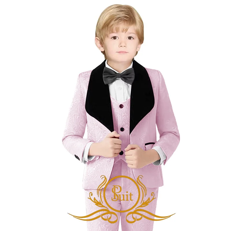 Jacquard Boy Suit Black Velvet Lapel Kids Wedding Tuxedo Party Formal Blazer Vest Pants 3 Piece Suit Child Floral Jacket