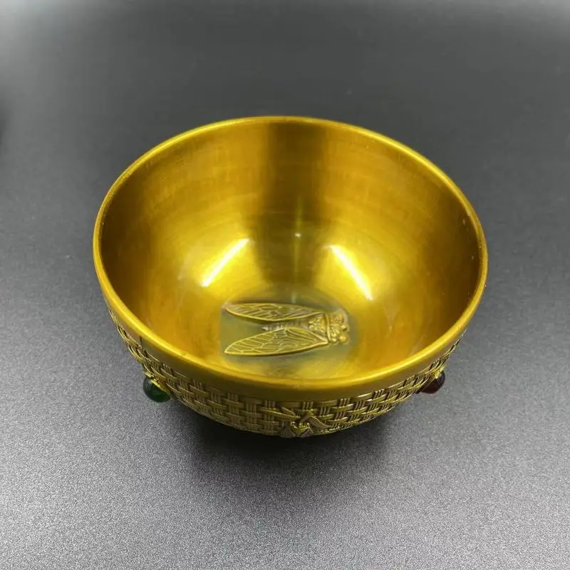 Bronze Gilded Bamboo Weave and Cicada Pattern Bowl, Qianlong Dynasty, Decorative Ornament, Handicraft, Home Decor, Collectible