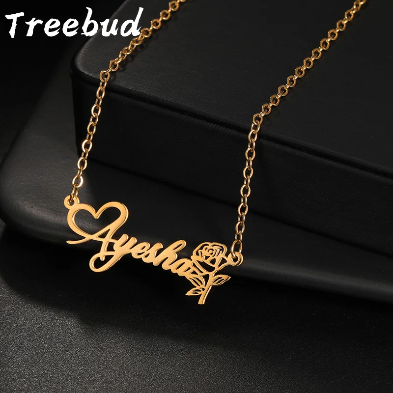 

Treebud Custom Name Necklace Stainless Steel Rose Flower Heart Personalized Nameplate Pendant For Women Jewelry Anniversary Gift