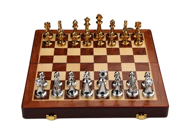 

High quality custom egyptian chess game set luxury gold and silver metal Egypt chess chips wood chess board box