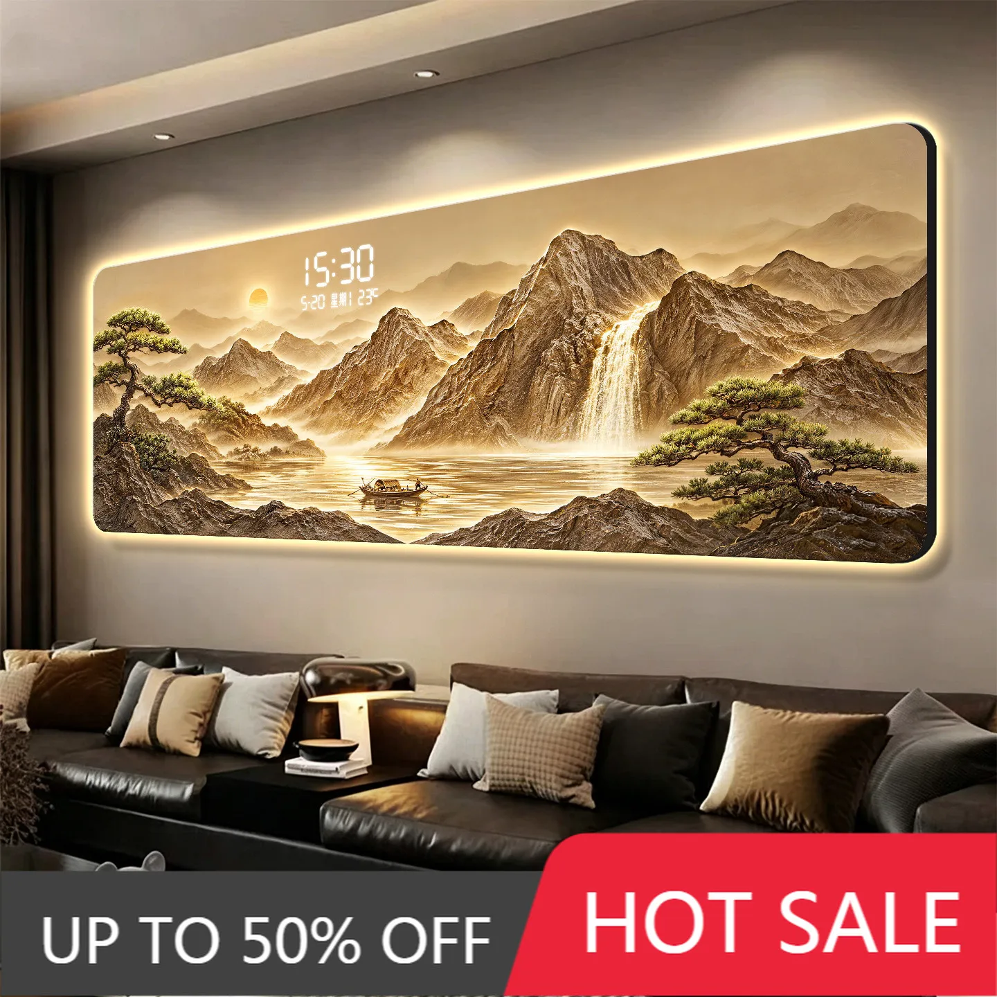 New Chinese Style Flow Generating Wealth Living Room Decoration Painting Electronic Clock Background Wall LED Clock Wall Lamp Pa