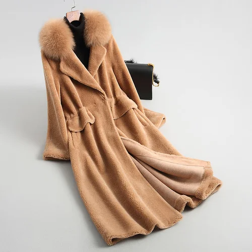 

Wool Women's 100% Fur Coat Female Jacket Long Real Fox Fur Collar Warm Winter Coats Women 2023 Korean Ropa De Mujer