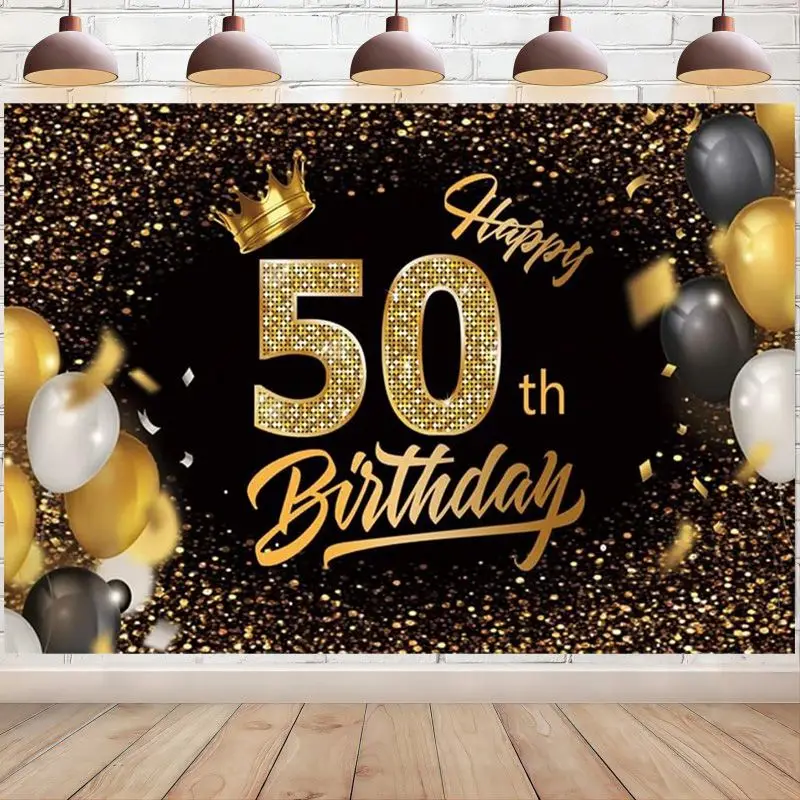 Happy 50th Birthday Backdrop Banner Decoration Black and Gold 50 Year Old Birthday Photo Background Party Supplies for Women Men