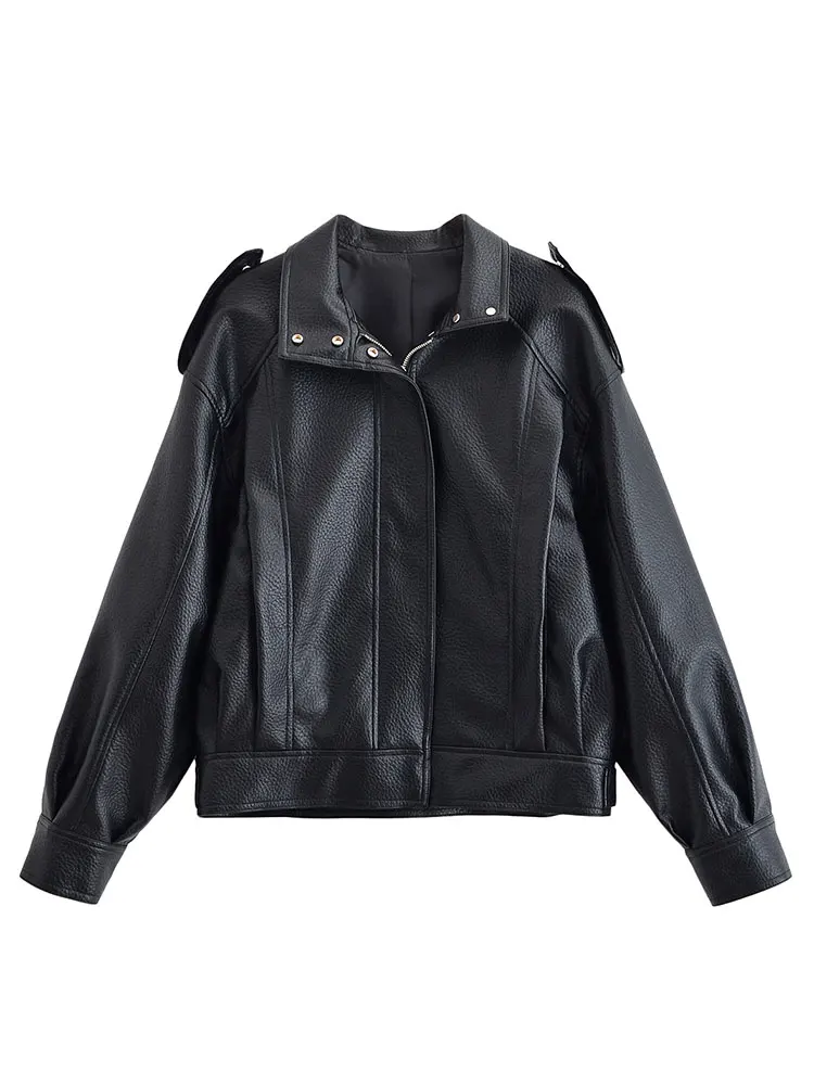 Kurtka damska ze skóry ekologicznej HH na jesień, modna kurtka w stylu high street, płaszcz z długim rękawem, zapinana na zamek, zimowa, codzienna odzież wierzchnia dla kobiet.