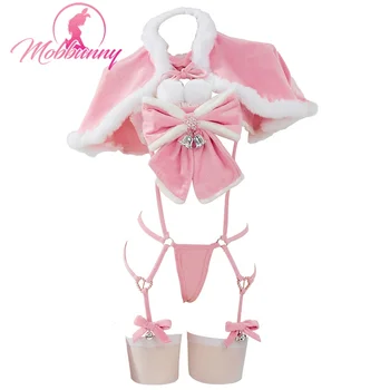 MOBBUNNY-Conjunto de lencería Sexy peluda rosa, regalo de Navidad, mono Bandage con lazo y capa y sombrero, disfraz de Cosplay