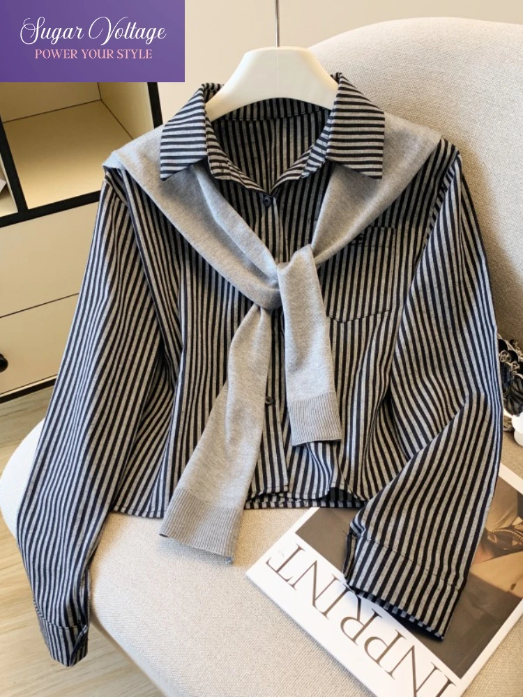 

Korean Fashion Harajuku Y2K Elegant Tops Women Slim Fit Long Sleeve Striped Shawl Lapel Shirts Casual Vintage Office Lady Blouse