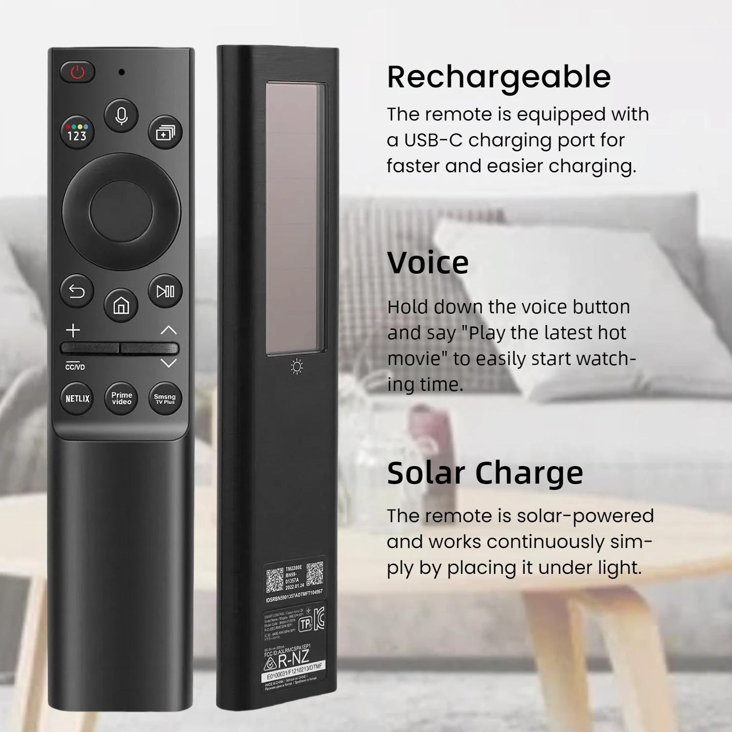 BN59-01357A 01357L 01363L 01364TM2180E Pilot głosowy Solar kompatybilny z pilotem ładowania Solar/USB-C do telewizorów Samsung Smart TV Neo — zdjęcie produktu 4