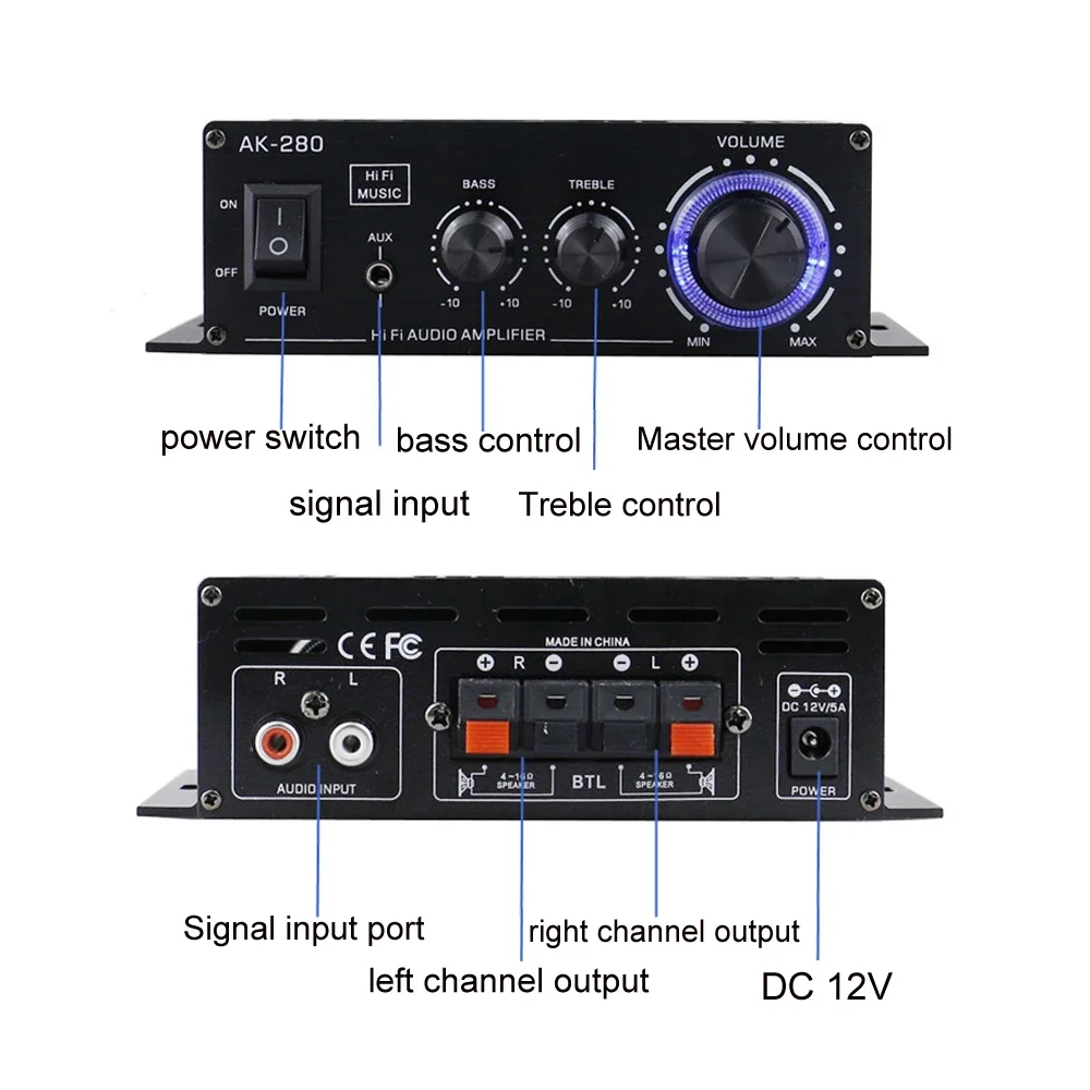 Car Speakers HIFI 2.0 Channel Amplifier AK-280 Audio Power Amplifiers Home AV System Receiver Treble & Bass Adjustment DC12V3A