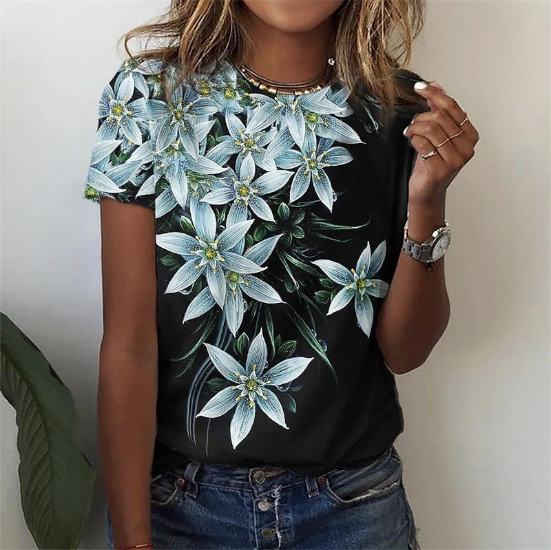 New T Shirt For Women\'s Clothes Fashion Tops For Woman 3D Flower Print Female Short Sleeve Summer Women\'s T-shirt Plus Size Tees