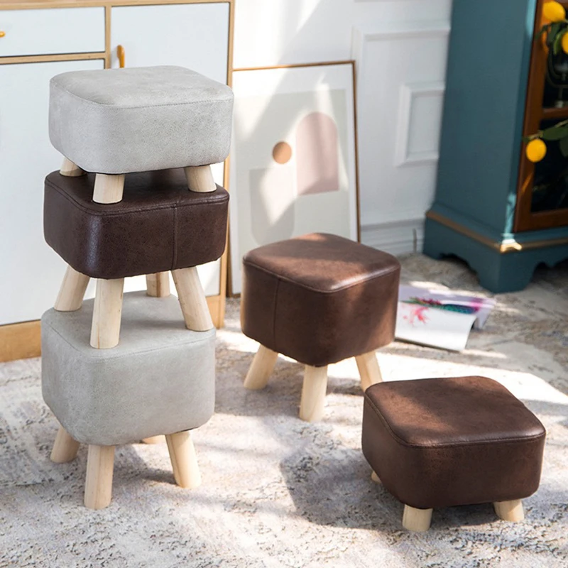 Nordic Home Footstool Children Seat Square Upholstered Solid Wood Ottoman Faux Leather Footrest Stool Makeup Chair Home Furnitur