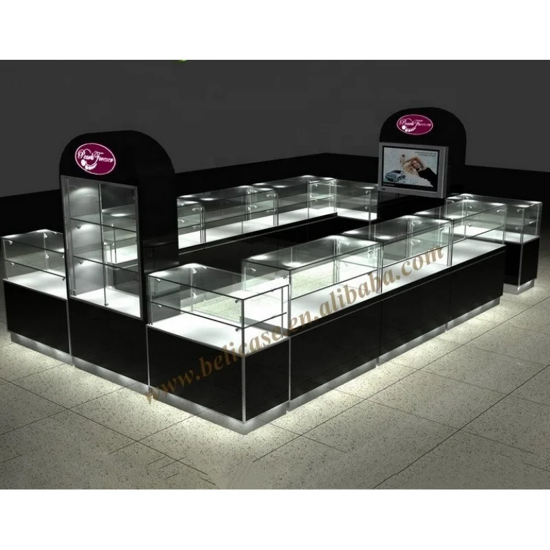 2025customized.Glass Jewelry display island  jewellery  kiosk mall wooden perfume kiosk with light mall kiosk design idea