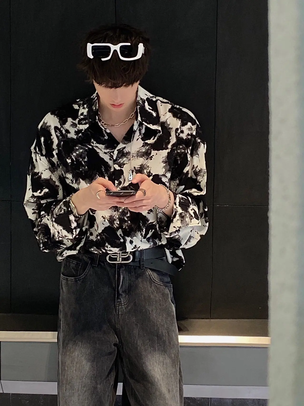 

Ice Silk Long Sleeve Loose Fit Men's Shirt Watercolor Tie Dye Traditional Chinese Style Fashionable Spring Outerwear