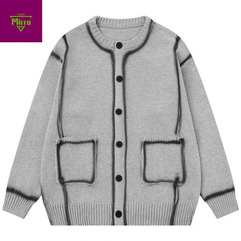 

【Mirrordust】Мужской кардиган, вязаный свитер, вязаный кардиган с граффити, повседневная свободная уличная одежда, мужские свитера большого размера в стиле Харадзюку