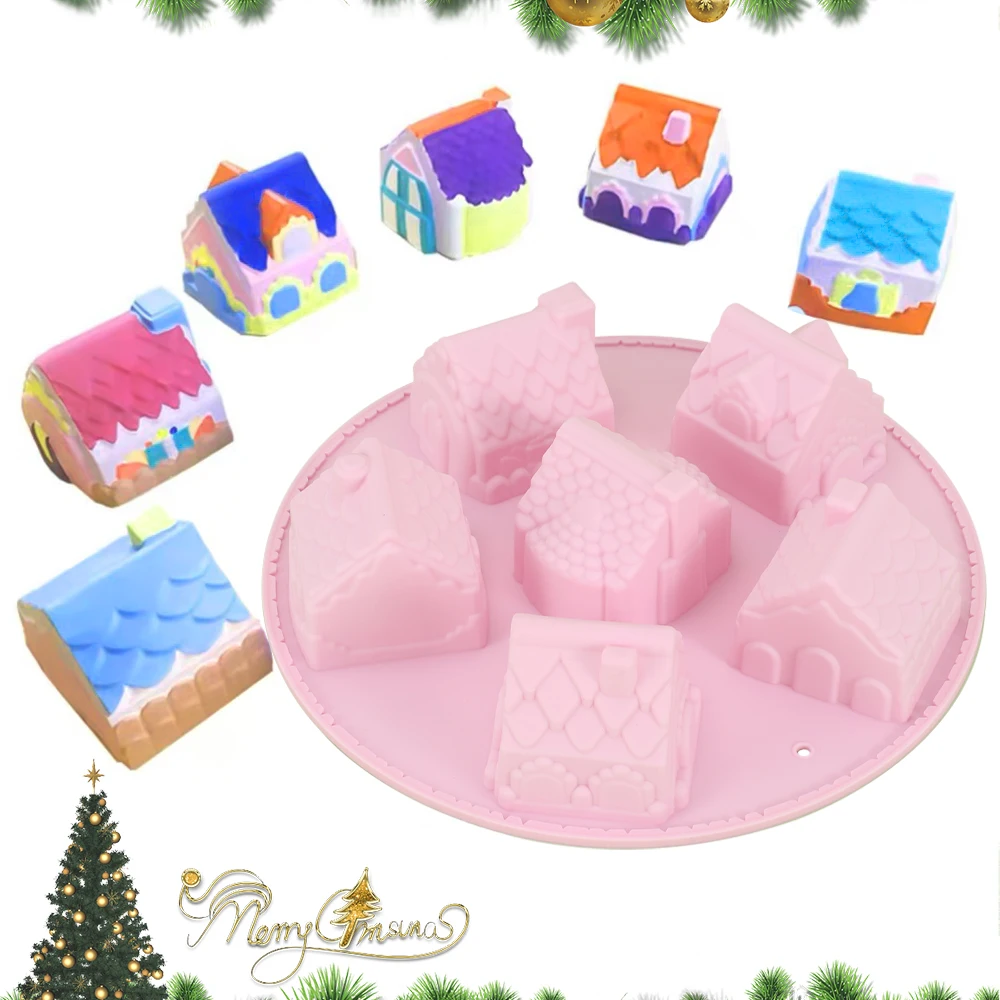 Silicone 6 Cavity Gingerbread House Mold Cake Decoration Round Non-Stick Cake Mold 3D Blue Cake Pan Christmas Bake Tool