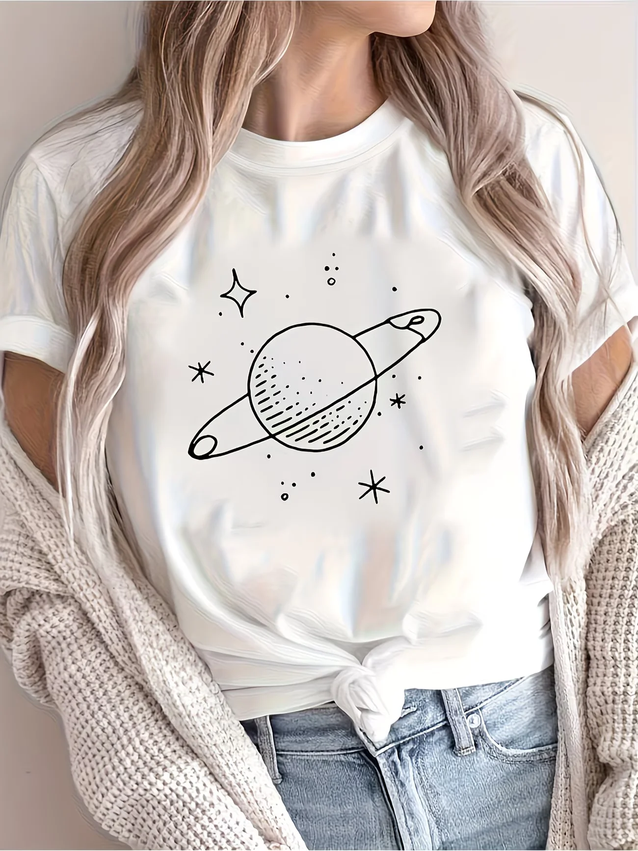 Aesthetic Saturn Planet Graphic T-Shirt Women Galaxy Star Print Short Sleeve Summer O-Neck Loose Tops Female Casual Fashion Tee