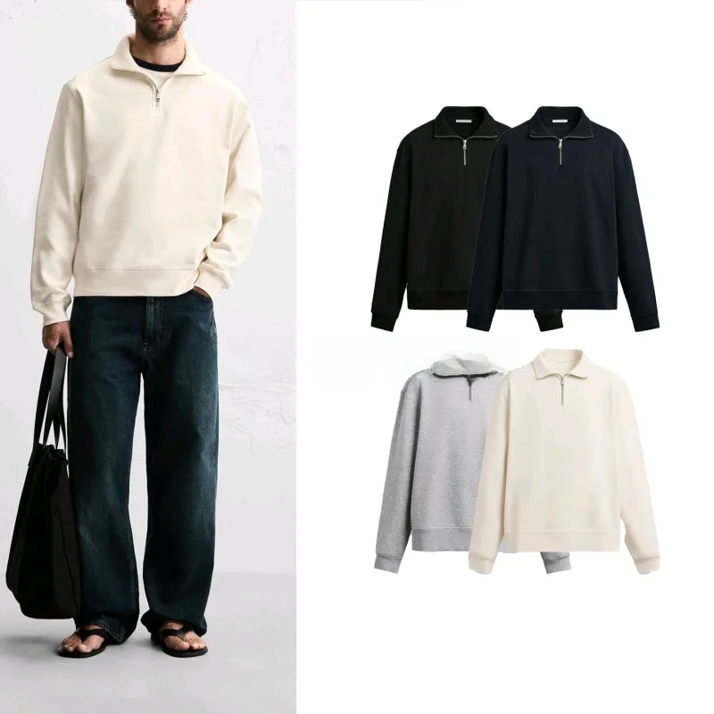 

Men's Autumn Long Sleeve Hoodie Zipper Design Straight Leg Basic Style Ribbed Stand Collar Warm Daily Wear Polyester Fabric