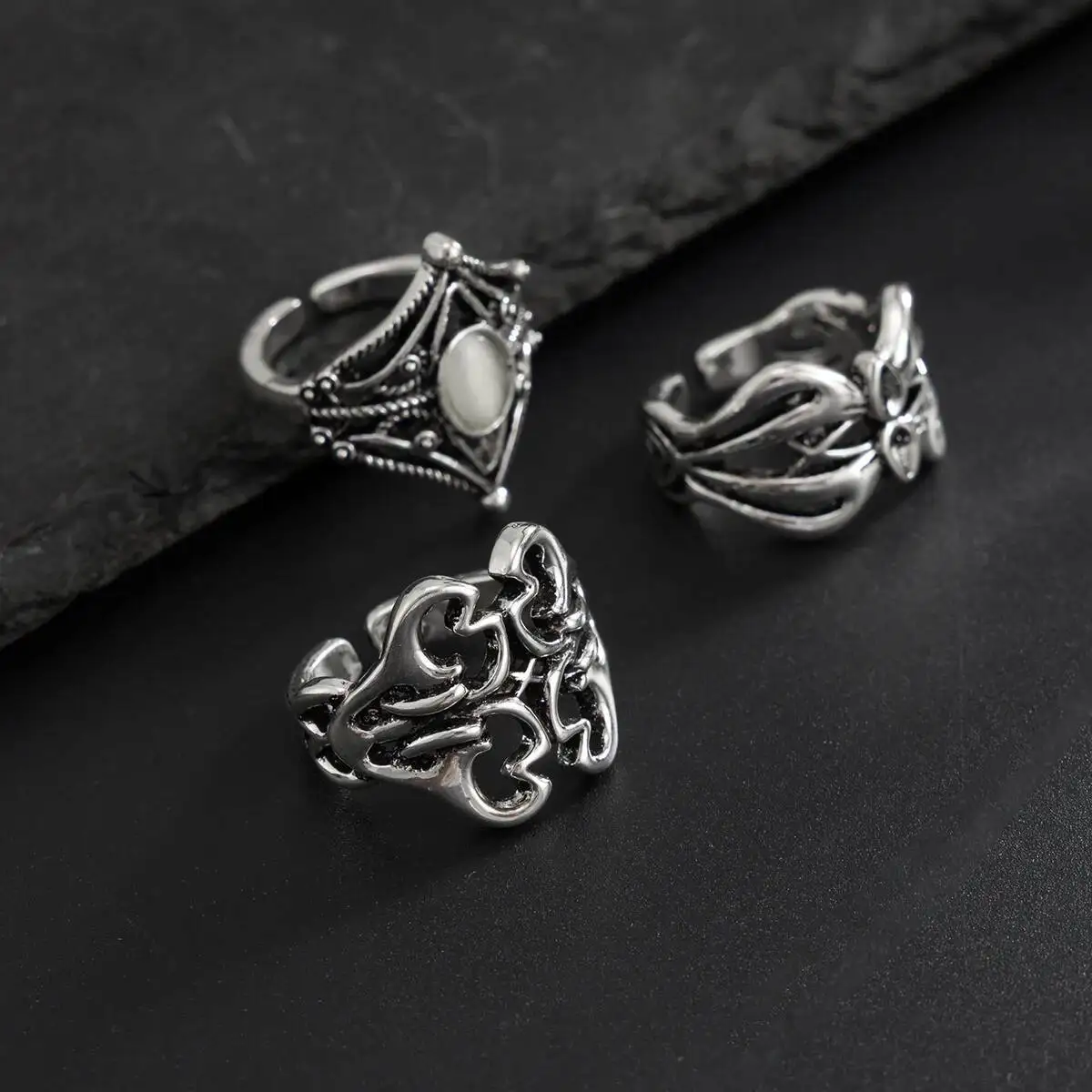 

SHIXIN 3Pcs/Set Punk Hollow Out Pattern Open Rings for Men Goth Irregular Geometric Adjustable Knuckle Ring Jewelry Accessories