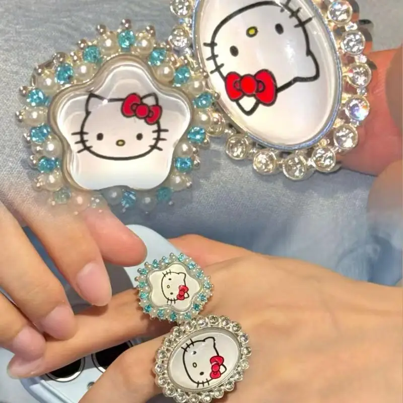 Pierścionek Cartoon Sanrio Hello Kitty z Błyszczącymi Diamentami, Uroczy Pierścionek w Stylu Retro Millennium Subculture dla Pikantnych Dziewczyn, Prezent Urodzinowy dla Dziewczyn