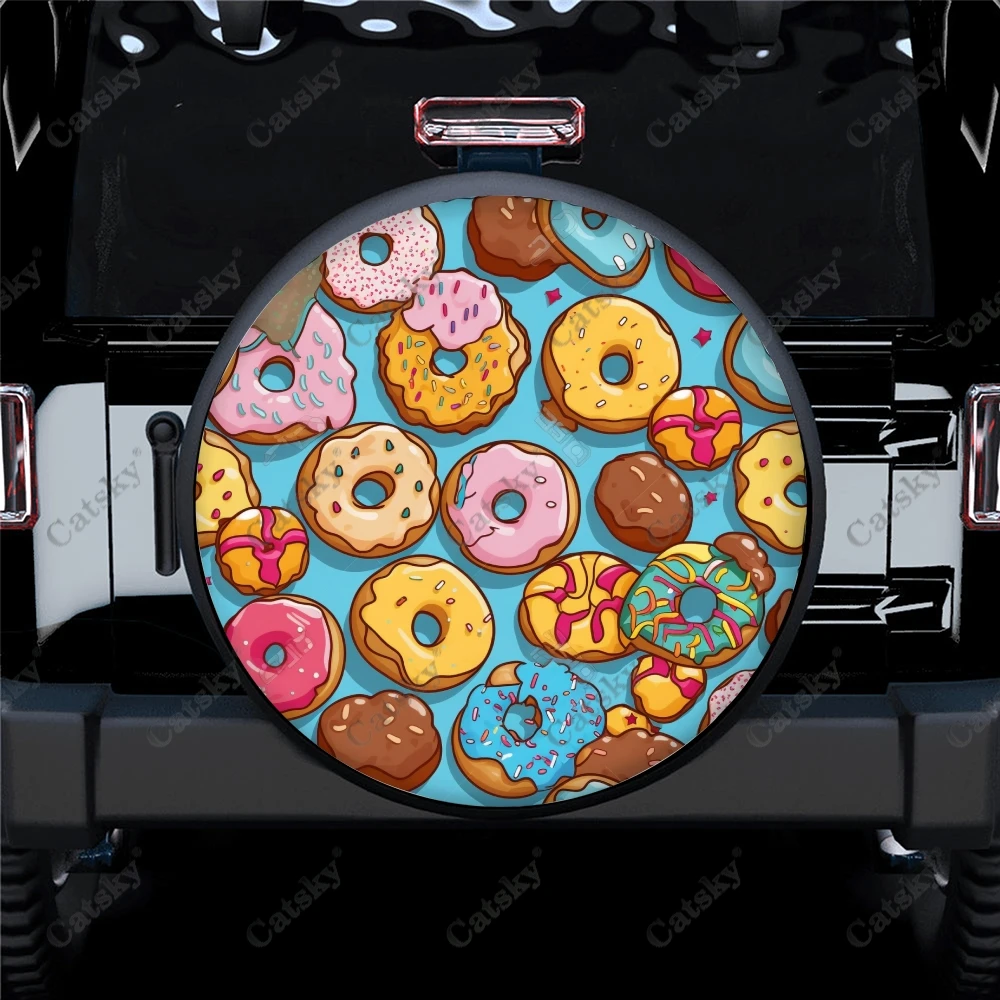 Colorful Donuts With Sprinkles Polyester Universal Spare Wheel Tire Cover Custom Tire-Covers for Trailer RV SUV Truck Camper